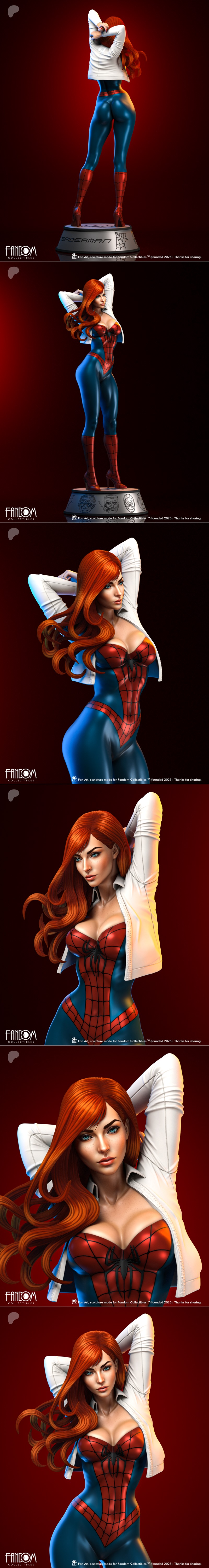 3D model bust of Mary Jane in a Spider-Man inspired suit, white shirt open, red hair flowing, striking pose.