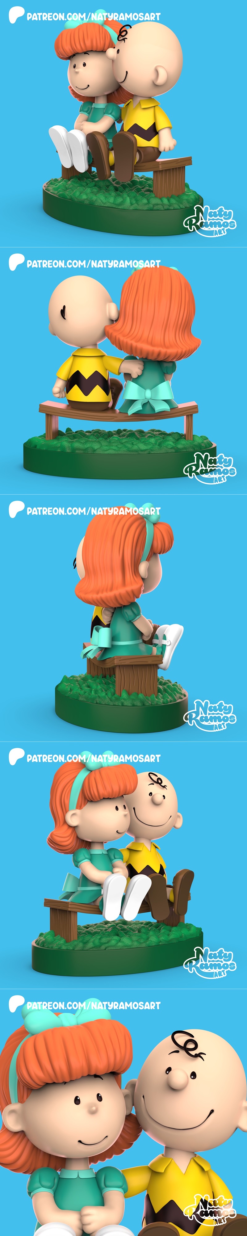 Charlie Brown and Peggy Jean sitting on a park bench, rendered in a stylized 3D model. Charlie wears his iconic yello...