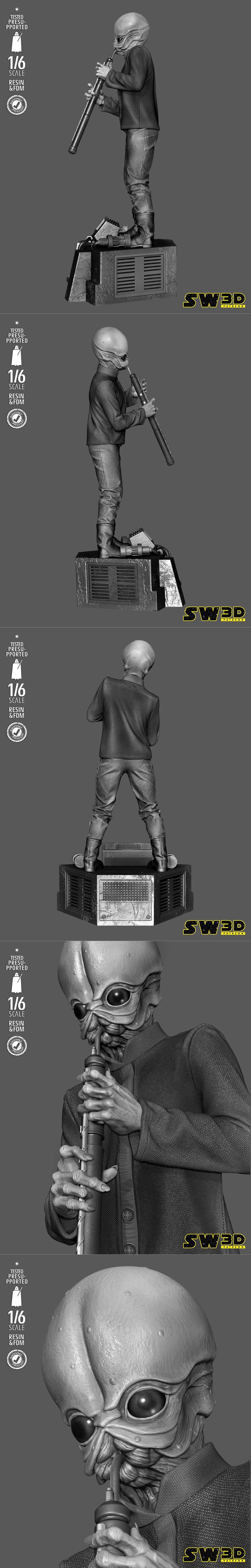1:6 scale 3D model of a Star Wars Cantina Band alien musician playing a wind instrument, standing on a detailed base...