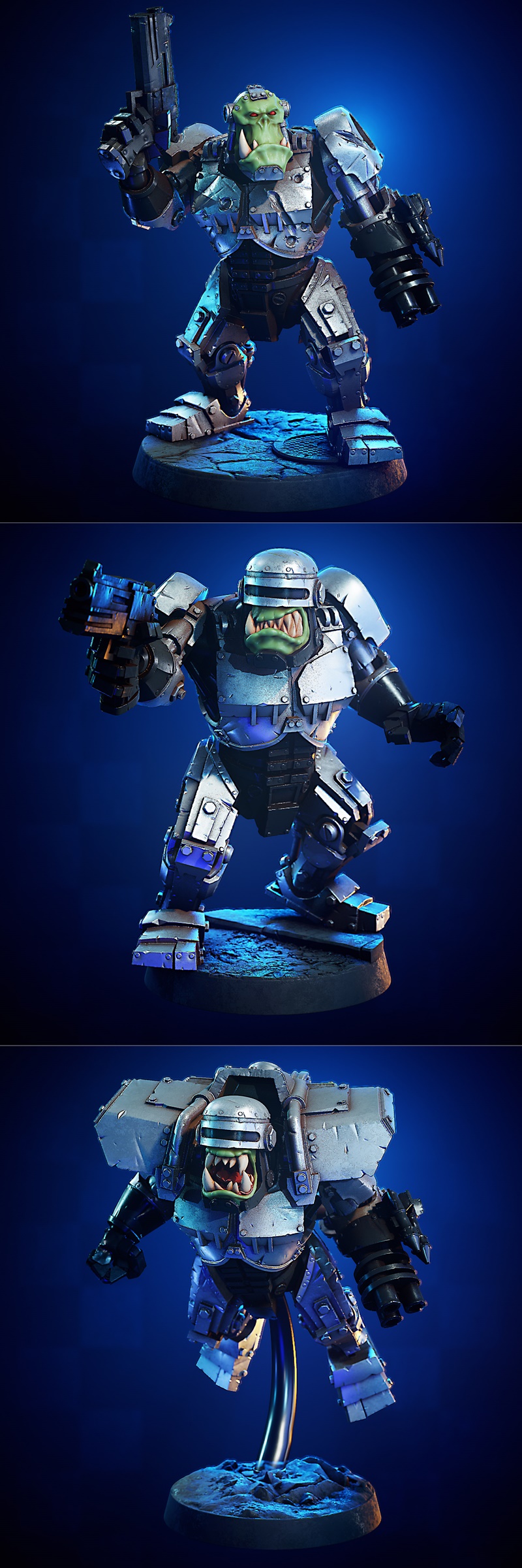 Roboorc 3D model figure, a green-skinned orc in heavy silver cybernetic armor, holding a large rock, standing on a te...