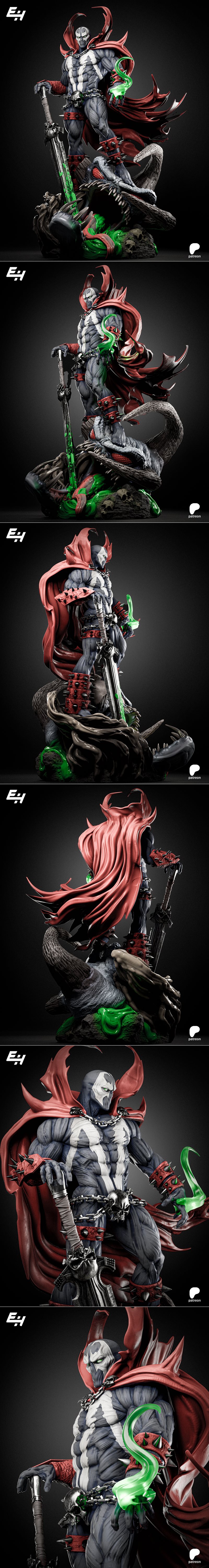 Spawn figure with muscular body, red cape, and chains with skulls, holding a large sword. Detailed 3D model by Eh Stu...