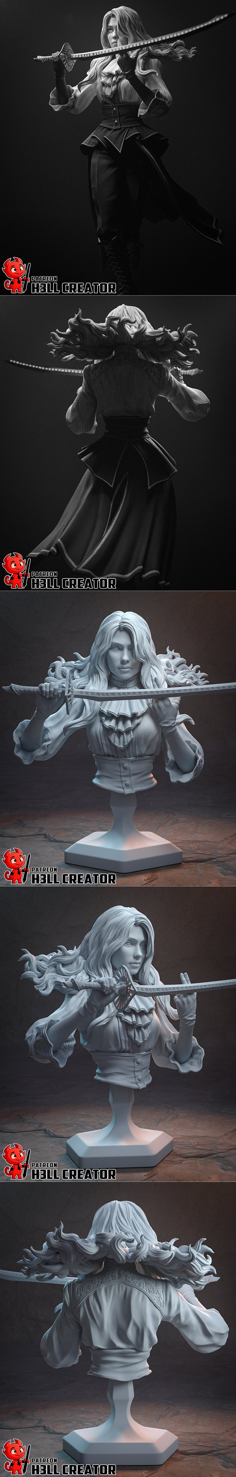 Maelle 3D model figure by h3LL creator, holding a sword with purple accents, wearing a ruffled blouse and corset.