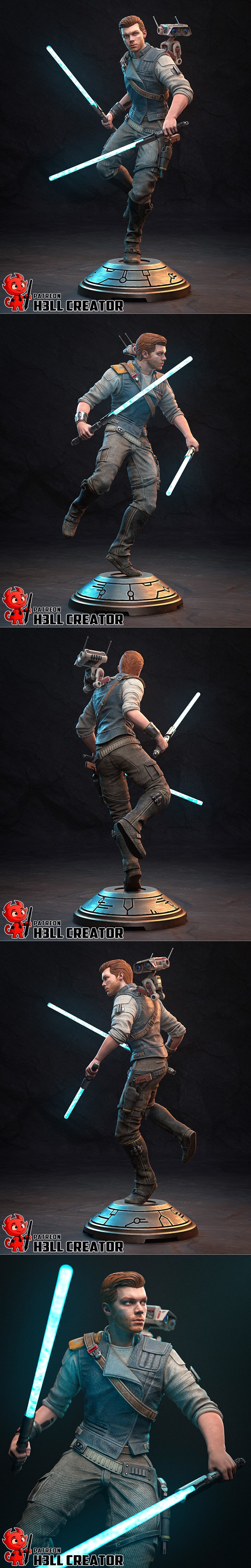 Cal Kestis from Star Wars holding two glowing blue lightsabers, with droid BD-1 on his back. He wears a grey shirt, b...