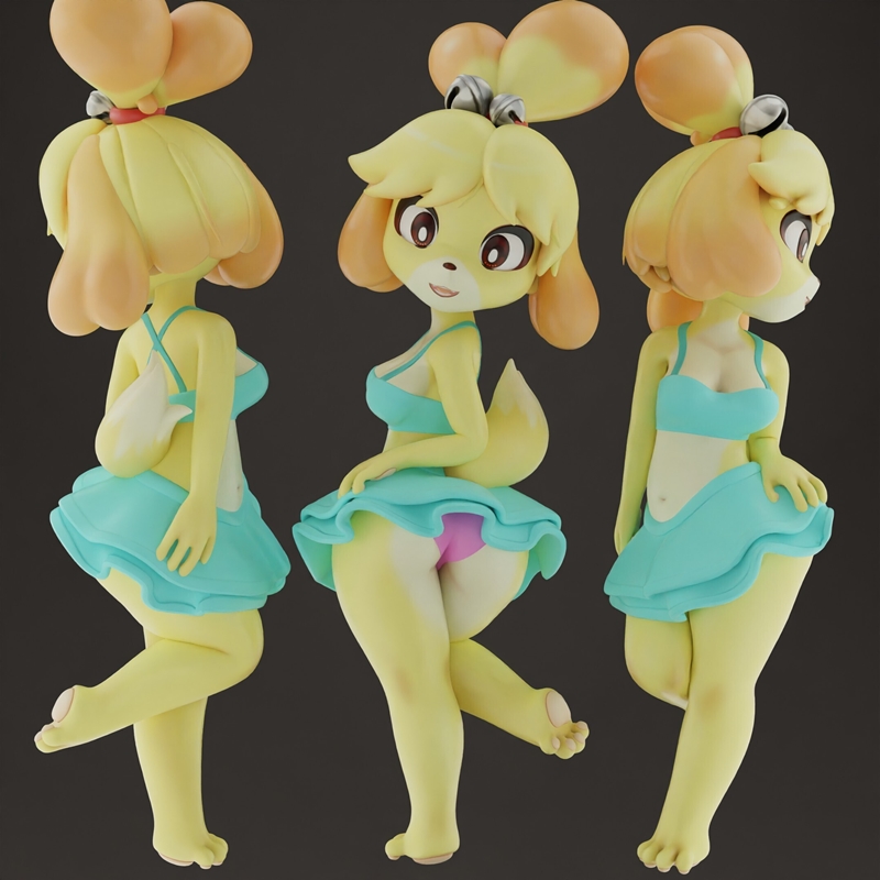 Isabelle from Animal Crossing in a turquoise bikini and ruffled skirt, striking a dynamic pose with one leg bent and...