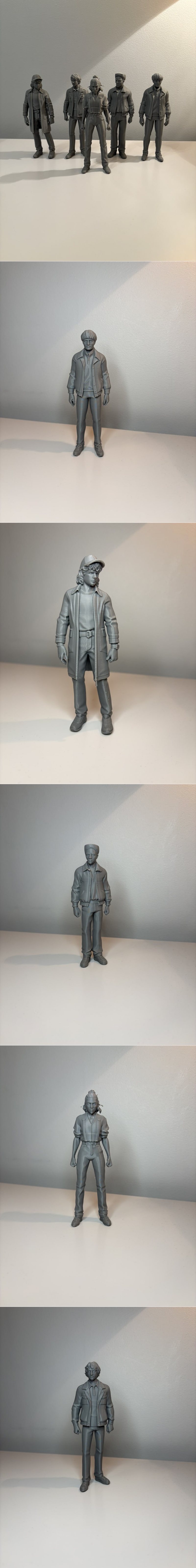 Five 3D printed figures of Stranger Things characters standing in a line, with the Stranger Things logo in the backgr...