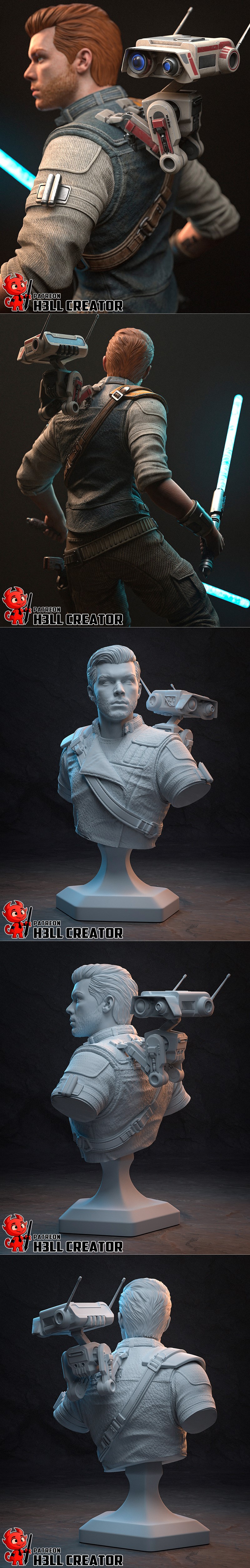 Cal Kestis from Star Wars holding two glowing blue lightsabers, with droid BD-1 on his back. He wears a grey shirt, b...