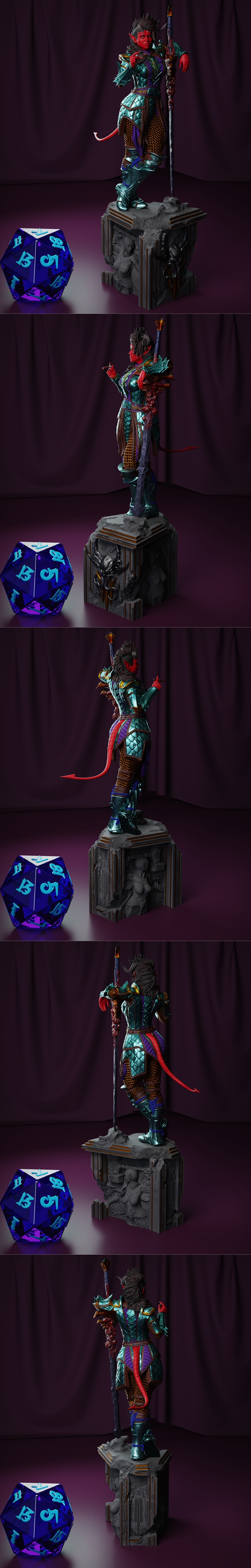 3D model of Karlach from Baldur's Gate 3, a red-skinned tiefling in teal and purple armor, leaning on a sword, standi...
