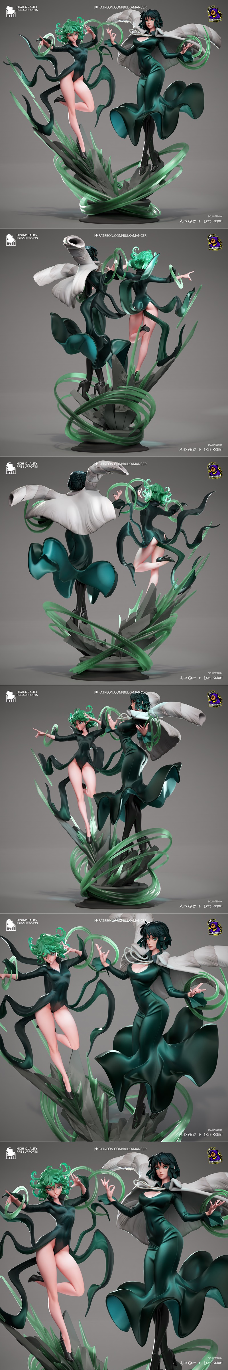 Fubuki and Tatsumaki from One Punch Man 3D print model by Bulkamancer Sculptures. Tatsumaki has green curly hair and...