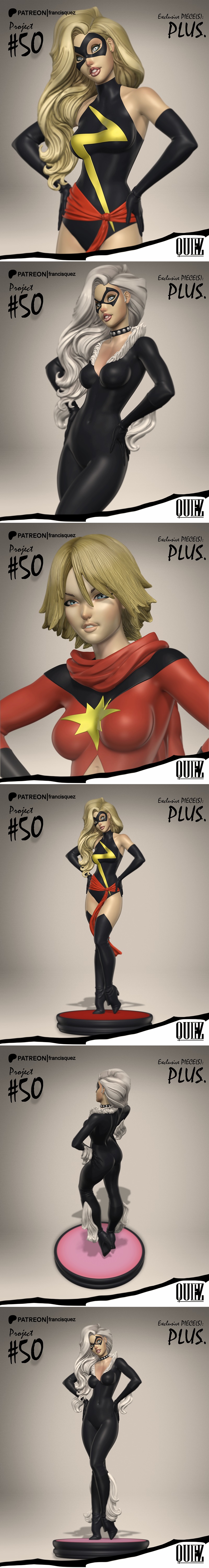 Ms. Marvel figure in black and yellow costume with red sash, blonde hair, and mask, posed heroically. Studio Francis...
