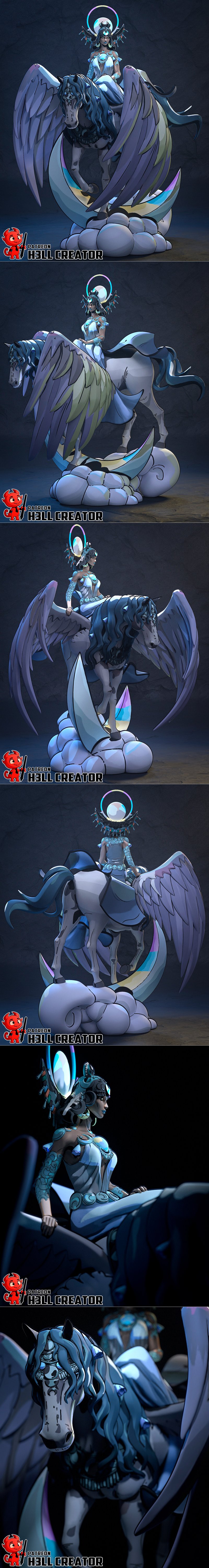 Selene, goddess of the moon from Hades, seated regally on a mythical creature. She wears a white gown with blue celes...