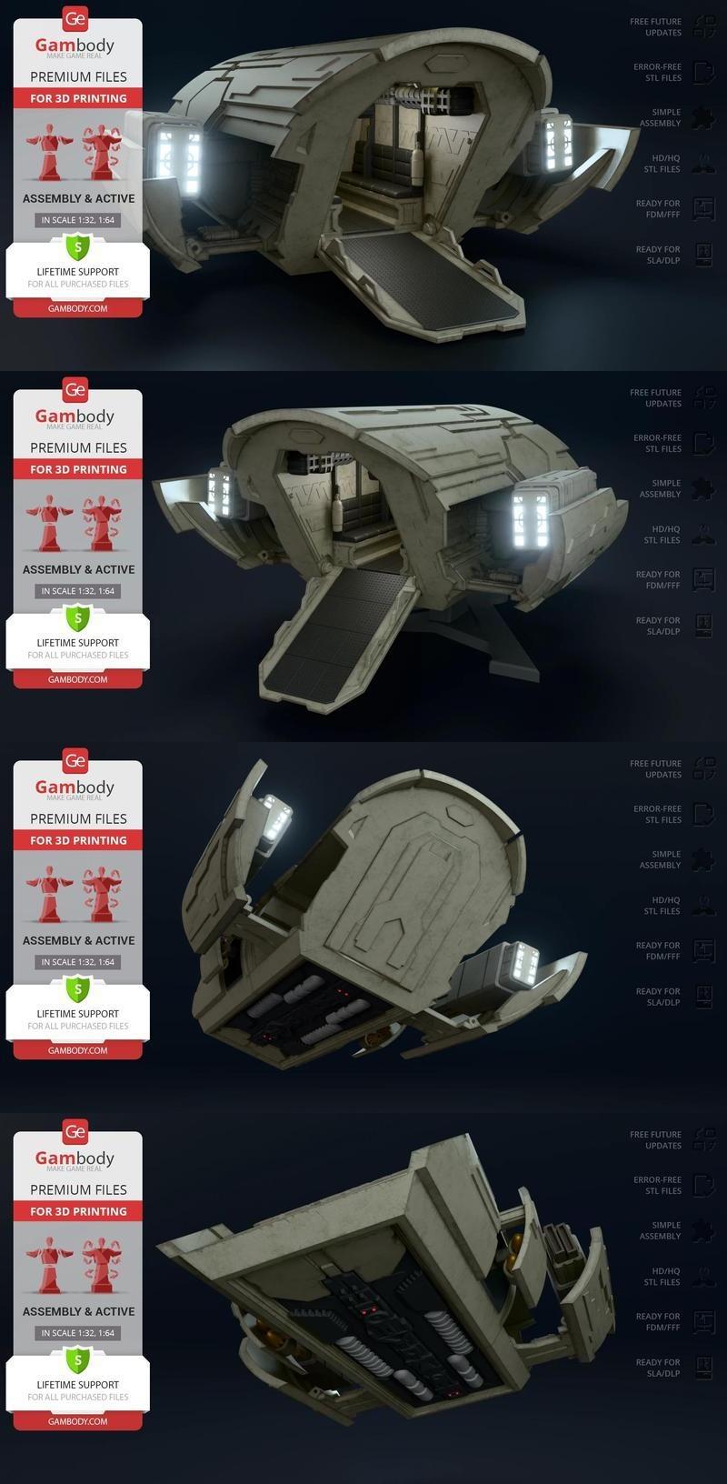 Gambody Puddle Jumper 3D model STL, a futuristic spaceship with a detailed cockpit and paneling, shown in scale 1:32...