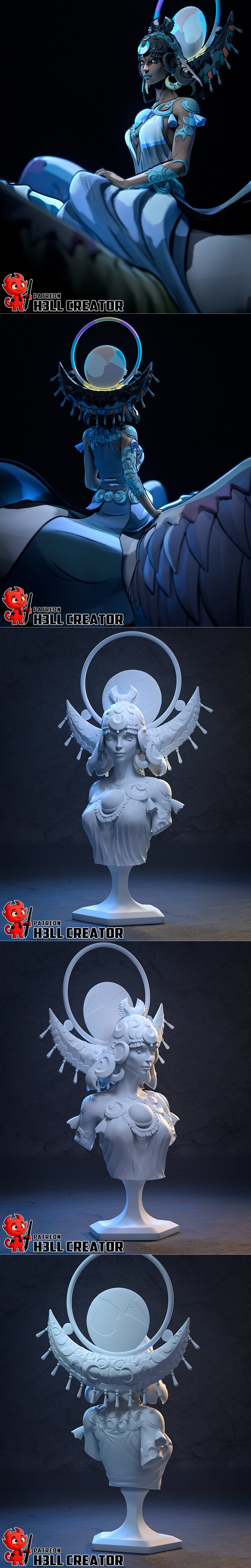 Selene, goddess of the moon from Hades, seated regally on a mythical creature. She wears a white gown with blue celes...