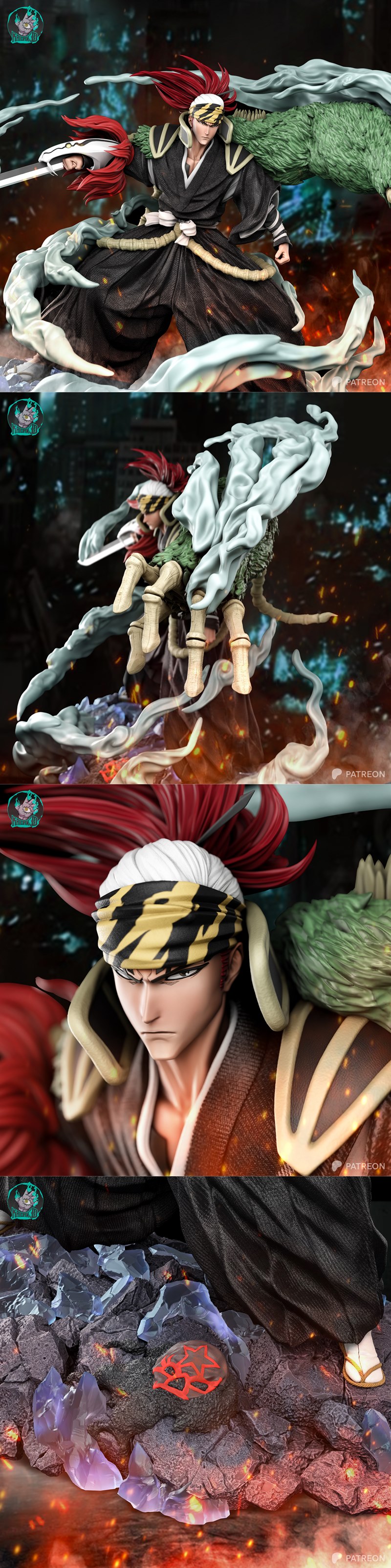 Renji Abarai in Bankai form from Bleach, wielding a sword with a beastly manifestation behind him, surrounded by smok...