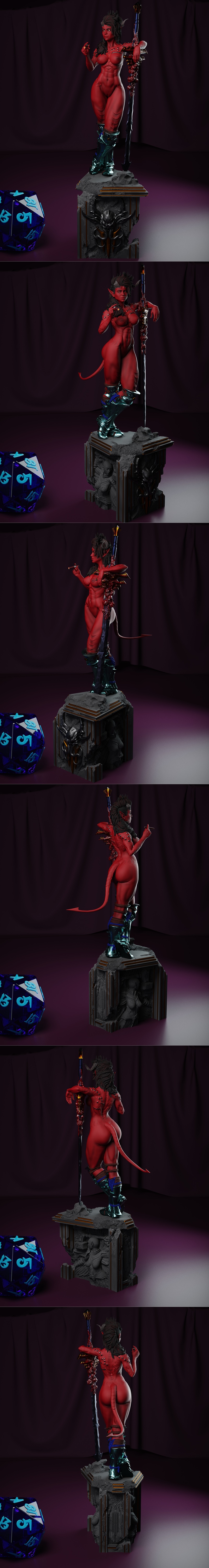 3D model of Karlach from Baldur's Gate 3, a red-skinned tiefling in teal and purple armor, leaning on a sword, standi...