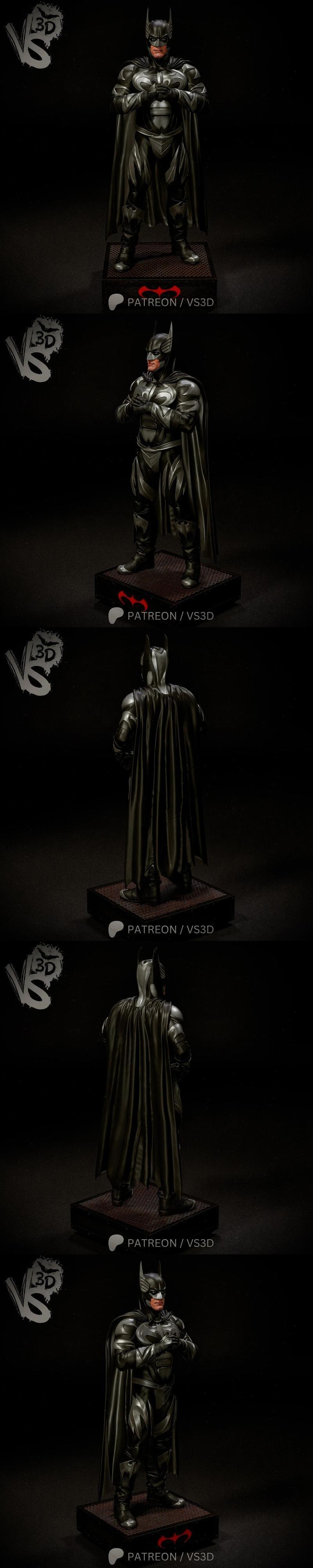 VS3D 3D model of Batman in a dark suit with silver accents and a cape, hands on hips, standing on a display base.