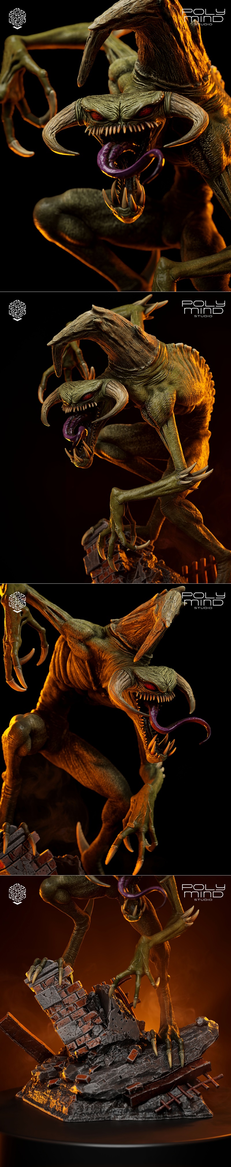 PolyMind Studio 3D model of the Violator demon from Spawn, crouching on rubble with horns, sharp teeth, and a long to...