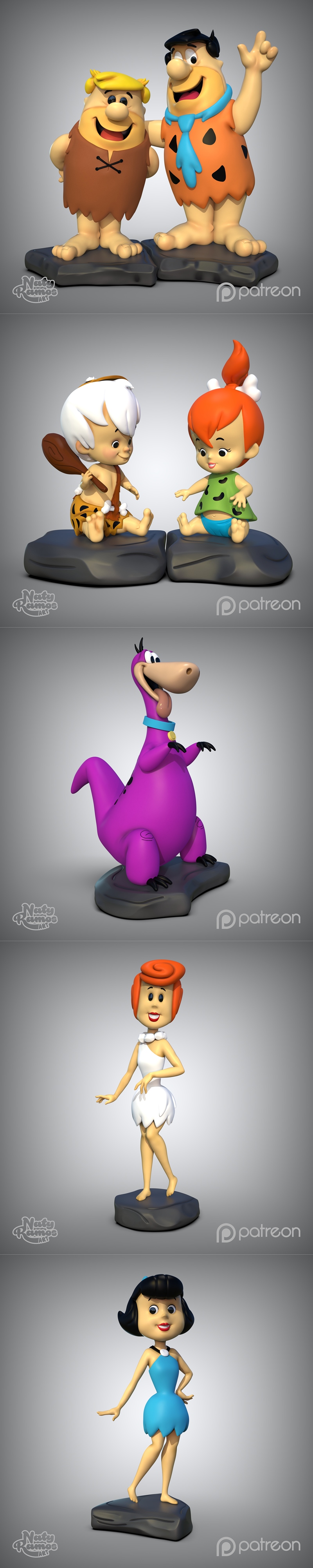 3D models of Fred, Wilma, Barney, Betty, Pebbles, Bamm-Bamm, and Dino from The Flintstones, posed together on rock ba...