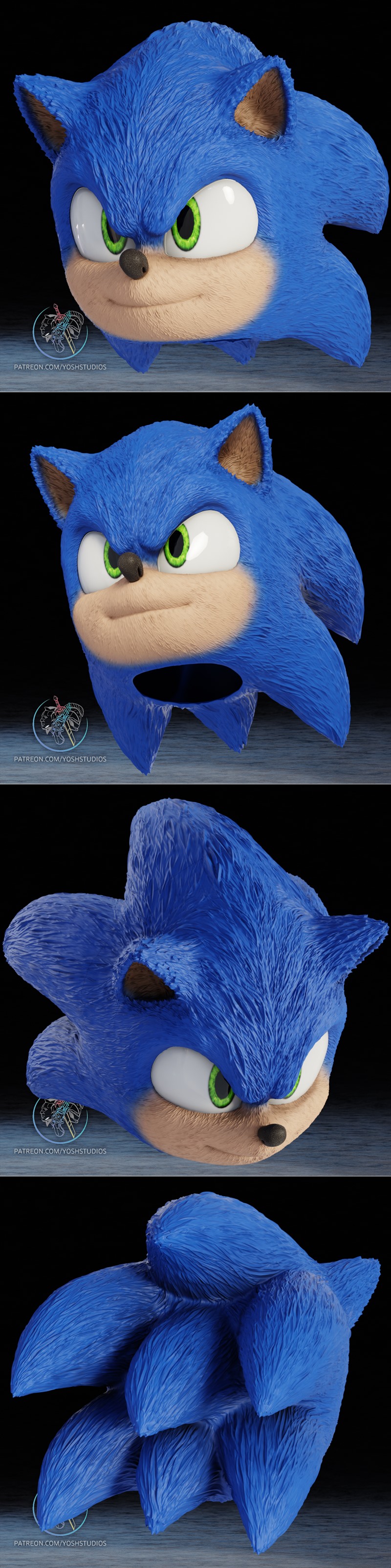 3D model mask of Sonic the Hedgehog's face, featuring blue fur texture, green eyes, and a slight smile.