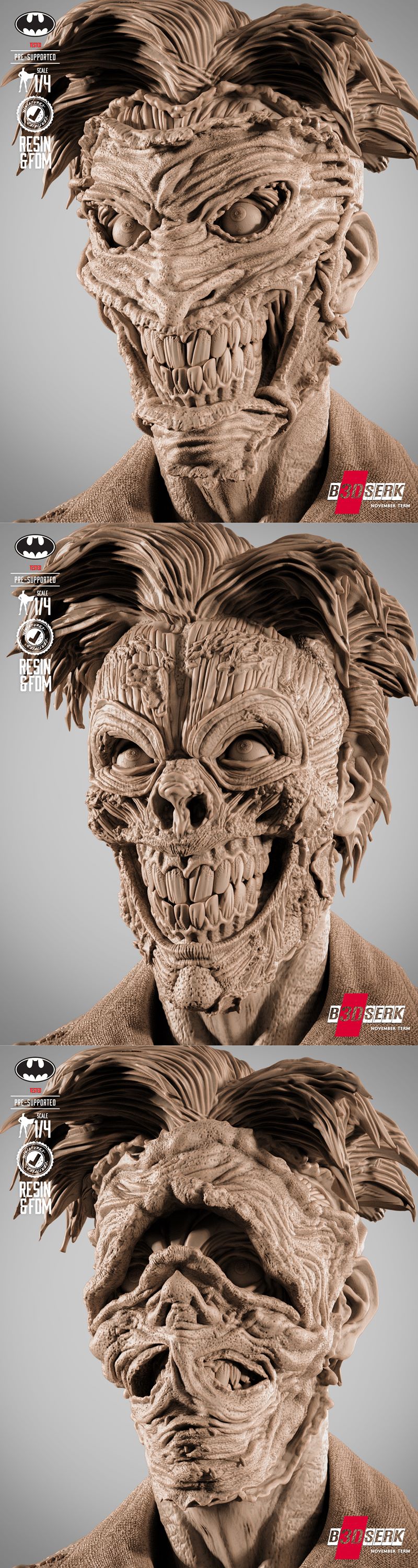 3D printable bust of the Joker from DC Comics, featuring a horrifying, disfigured face and a torn shirt, displayed on...