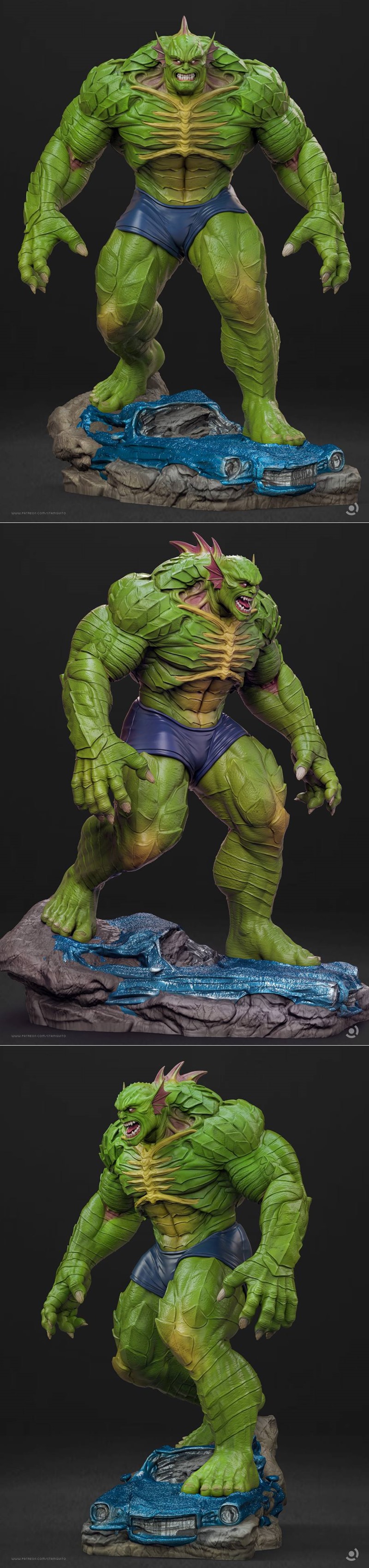 3D model of the Marvel Comics character Abomination, a hulking green monster with spiky fins, roaring with fangs bared.