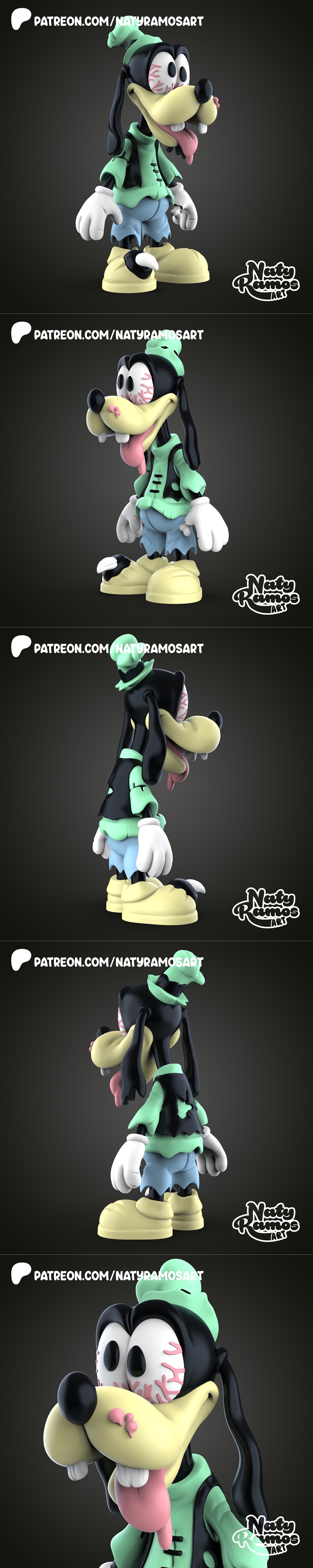 3D model of Goofy in a chibi zombie style, wearing a green shirt and blue pants, with oversized shoes.