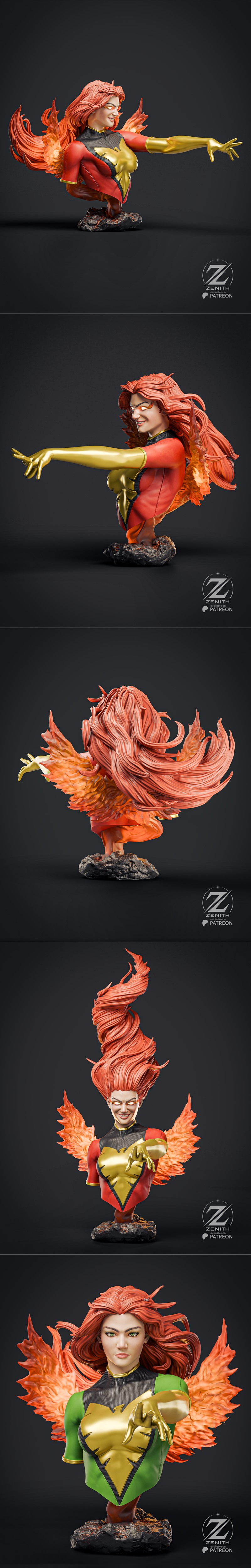 Zenith Studios Jean Grey Phoenix bust, 3D model with flowing red hair, fiery wings, and red and gold costume, pointin...