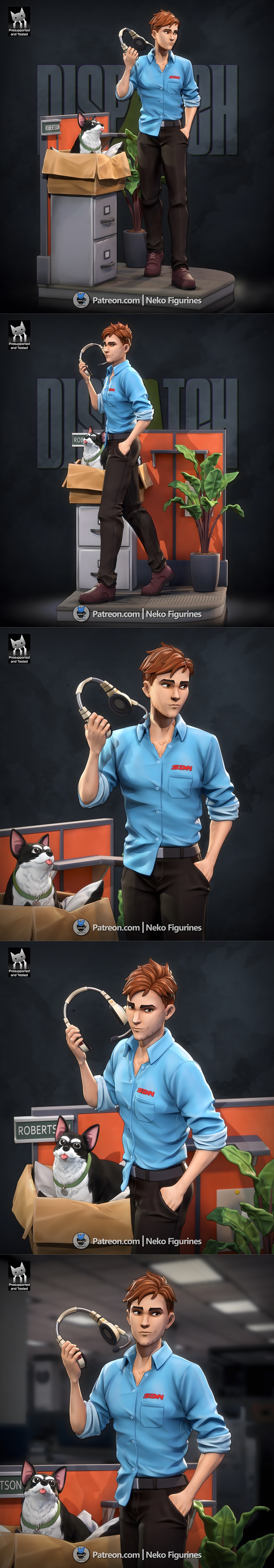 3D model of Robert from Dispatch, holding a headset, with a dog in a box beside a filing cabinet. "DISPATCH&quot...
