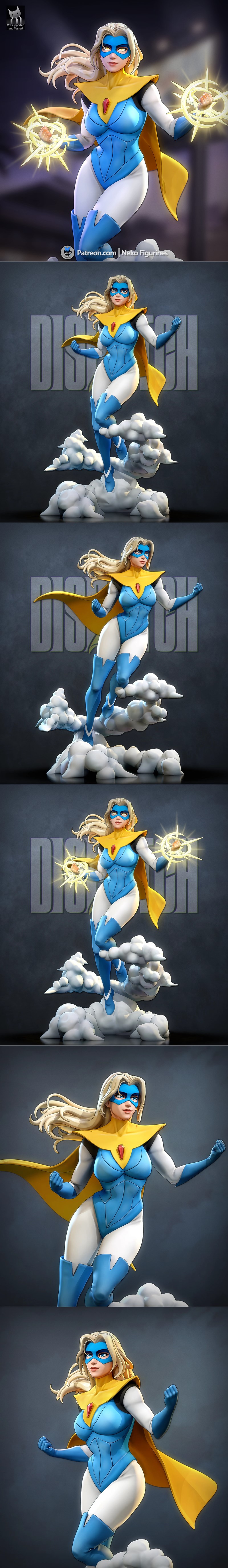 Female superhero 'Blonde Blazer' with blonde hair, blue mask, yellow cape, and blue and white costume, striking a her...