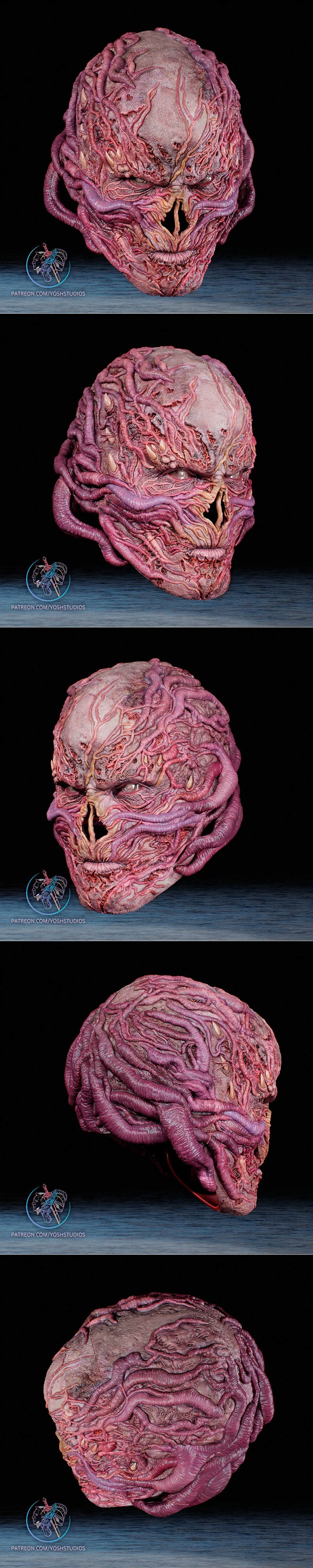 Close-up of a 3D printed Vecna helmet from Stranger Things, showing grotesque organic growths and exposed flesh, by Y...