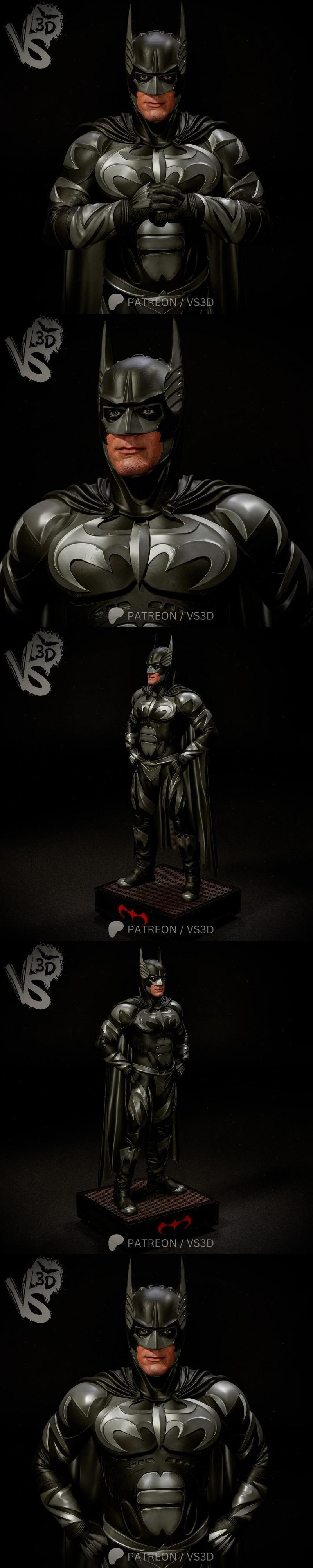 VS3D 3D model of Batman in a dark suit with silver accents and a cape, hands on hips, standing on a display base.
