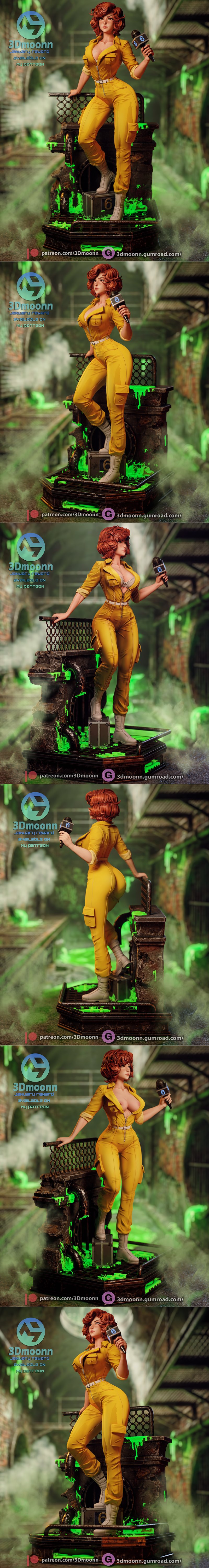 April O’Neil 3D model in yellow jumpsuit and white bra, holding a microphone, standing on a sewer base with green tox...