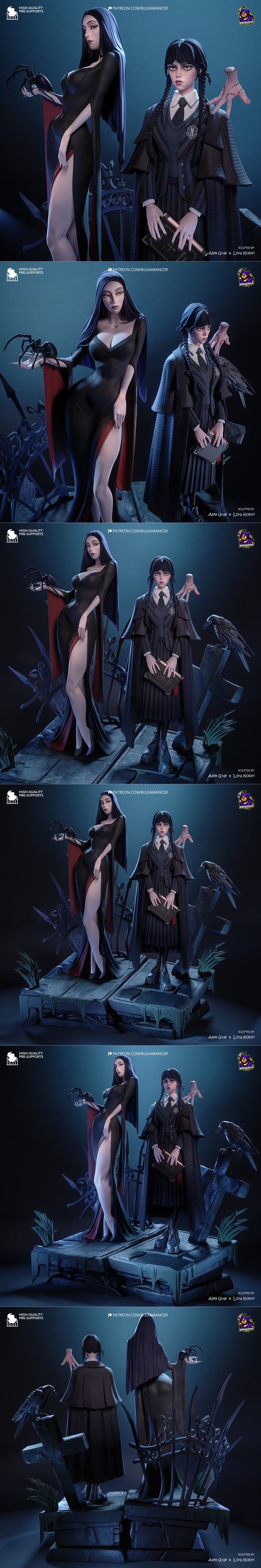 3D model of Morticia and Wednesday Addams from The Addams Family, sculpted by Bulkamancer Sculpts. Morticia wears a b...