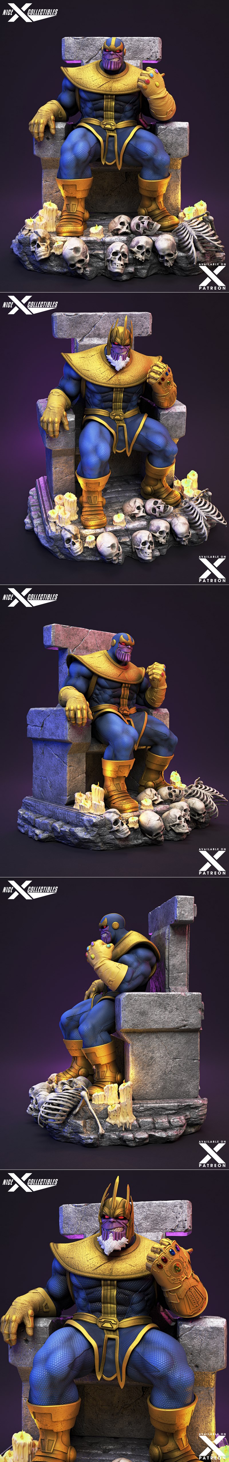 Thanos figure in classic blue and gold armor, seated on a stone throne, wearing the Infinity Gauntlet. Base features...