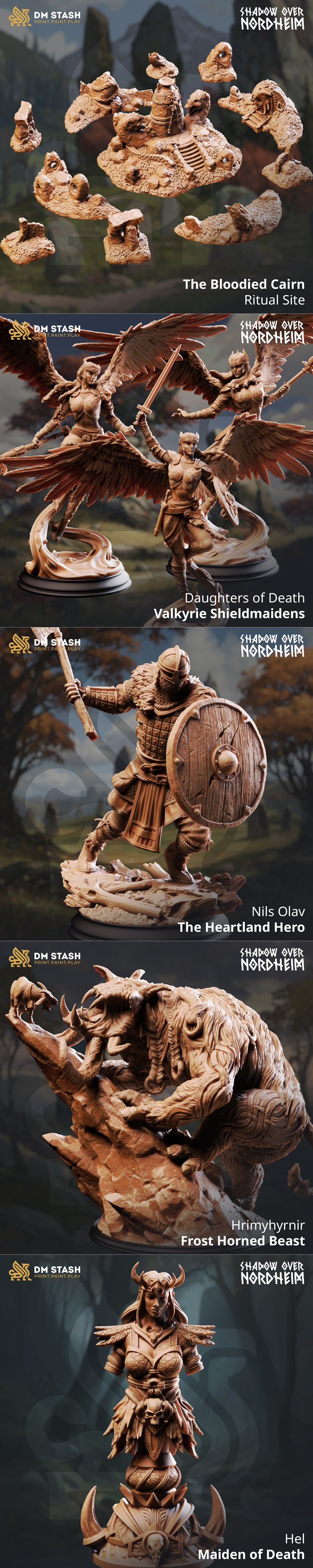 Collection of fantasy 3D printable figures from DM Stash, featuring winged female warriors and armored figures in Nor...