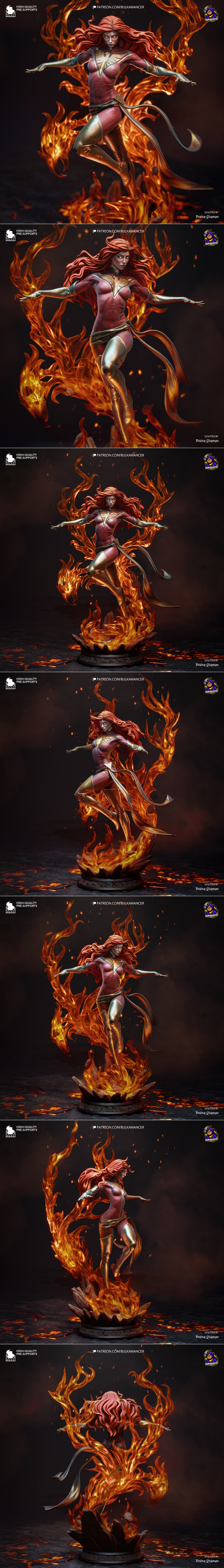 Dark Phoenix figure in a dynamic pose, engulfed in flames, wearing a red and gold costume with a golden phoenix emble...
