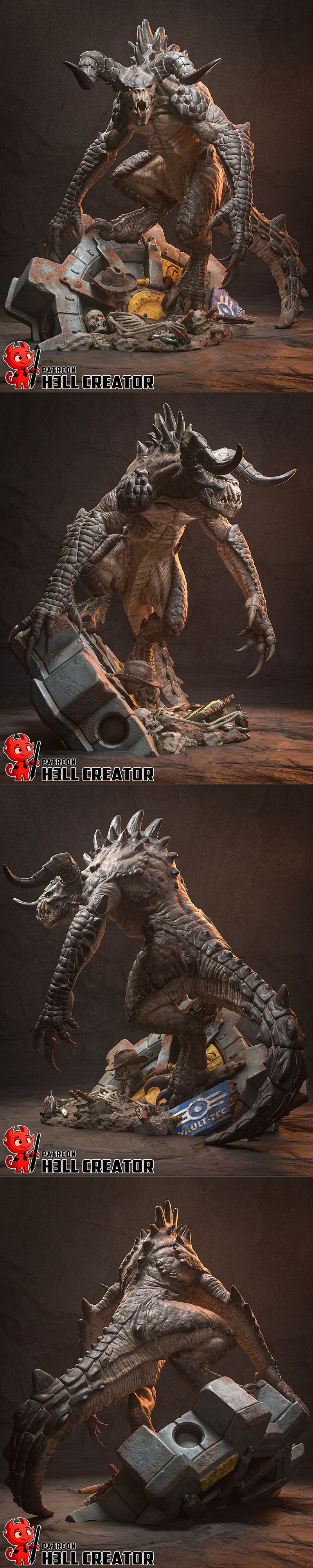A fearsome Deathclaw creature with large horns, sharp claws, and reptilian skin, crouched on debris. The model is hig...