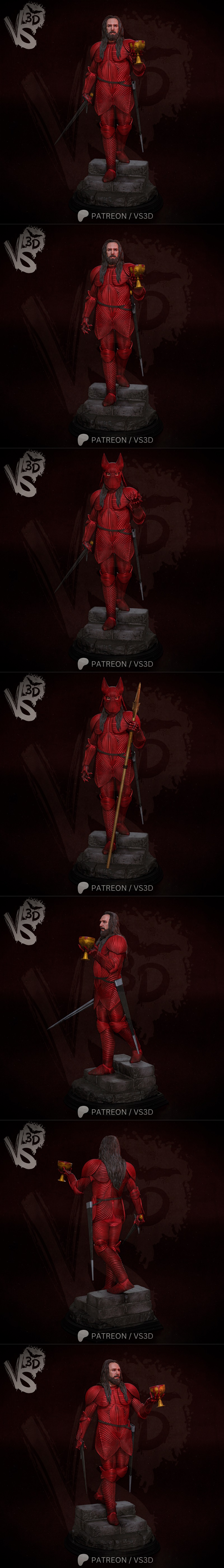 VS3D Dracula Armored 3D print model STL. Figure in red segmented armor with bat-like helmet and clawed hands.