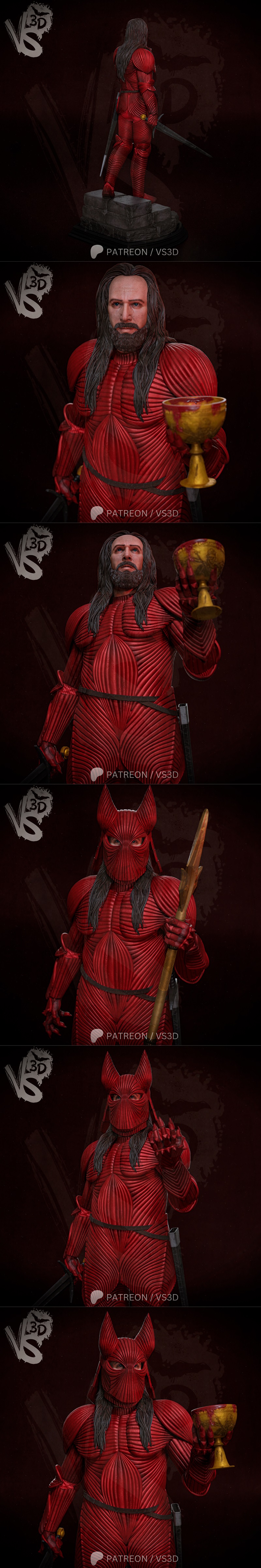 VS3D Dracula Armored 3D print model STL. Figure in red segmented armor with bat-like helmet and clawed hands.