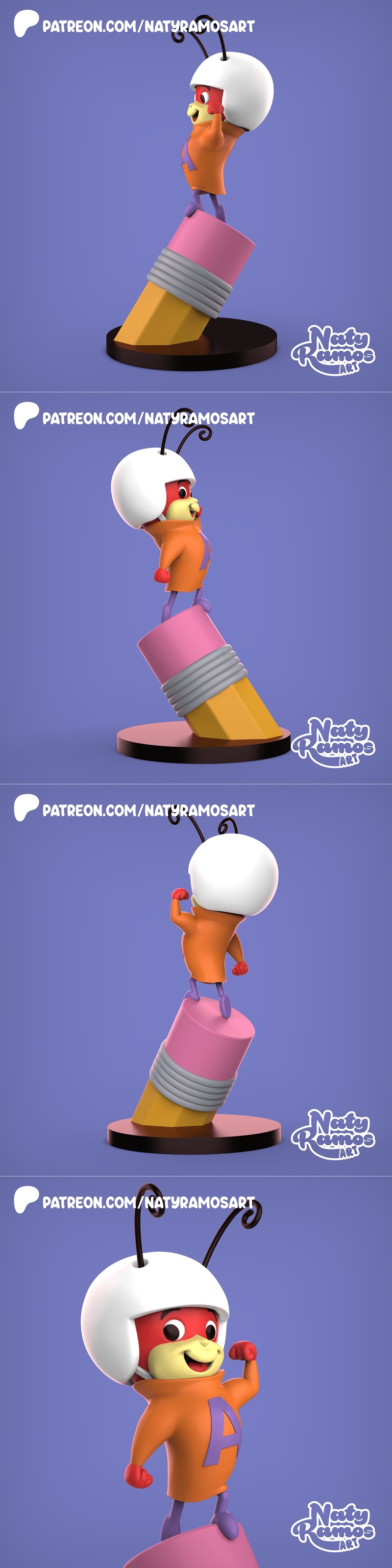 3D model figure of La Hormiga Atómica standing on a pencil, wearing a white helmet and orange hoodie with an 'A' emblem.