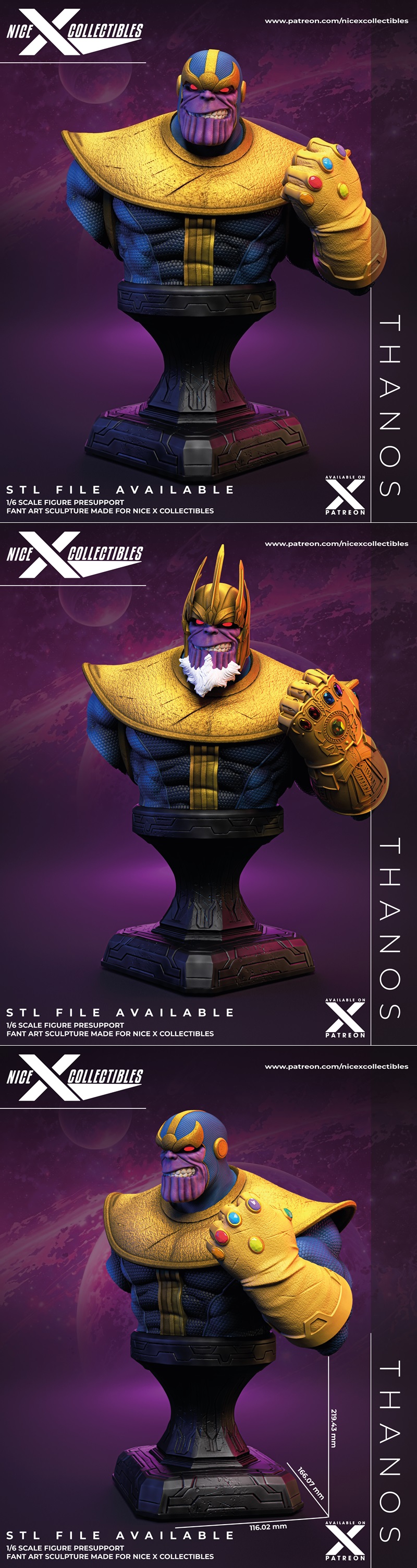Thanos figure in classic blue and gold armor, seated on a stone throne, wearing the Infinity Gauntlet. Base features...