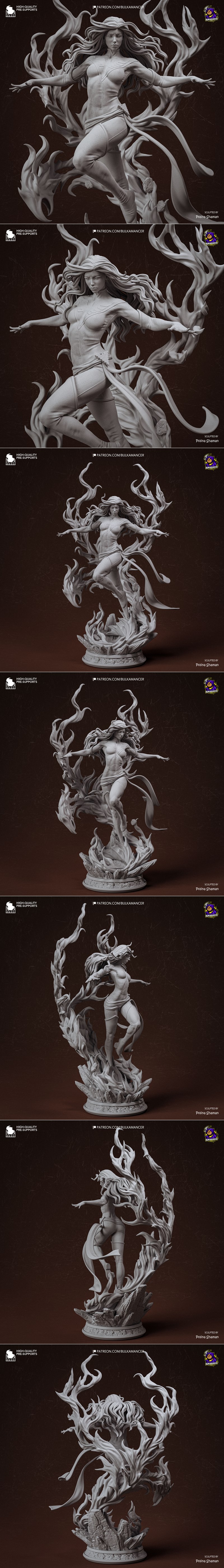 Dark Phoenix figure in a dynamic pose, engulfed in flames, wearing a red and gold costume with a golden phoenix emble...