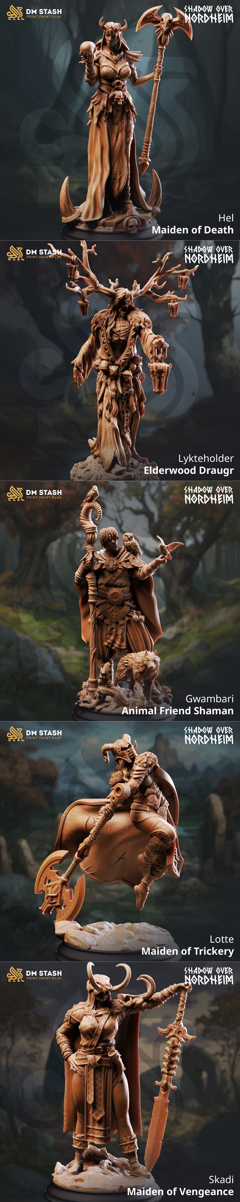 Collection of fantasy 3D printable figures from DM Stash, featuring winged female warriors and armored figures in Nor...