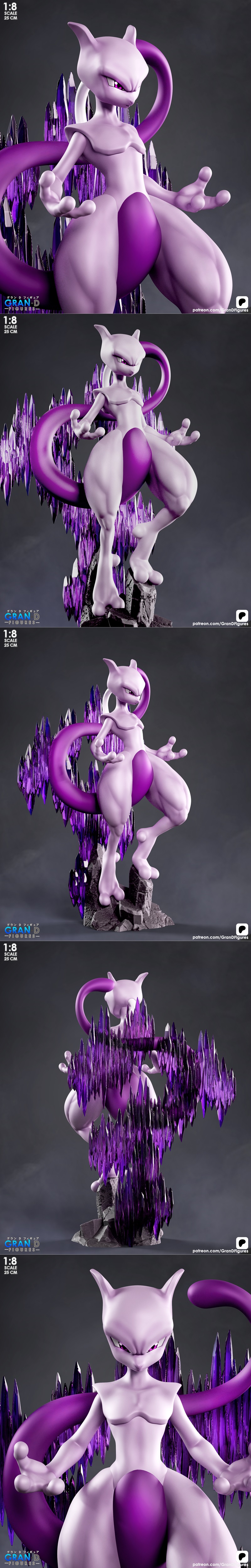 Mewtwo 3D model figure, 1:8 scale, 25 cm tall, standing on rocks with purple crystals behind it. The figure has a mus...
