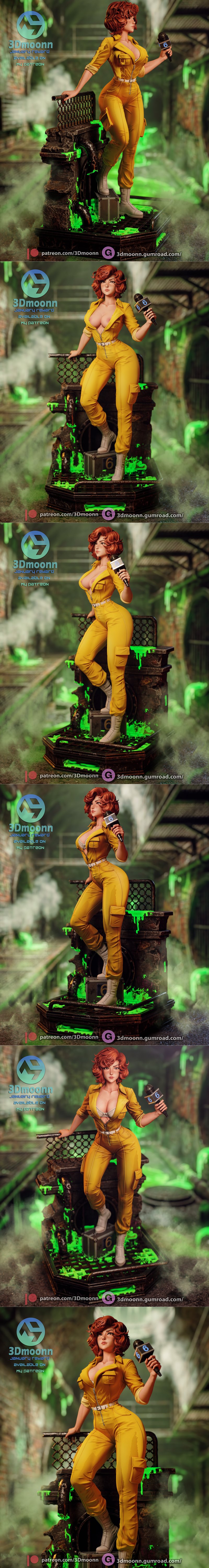 April O’Neil 3D model in yellow jumpsuit and white bra, holding a microphone, standing on a sewer base with green tox...