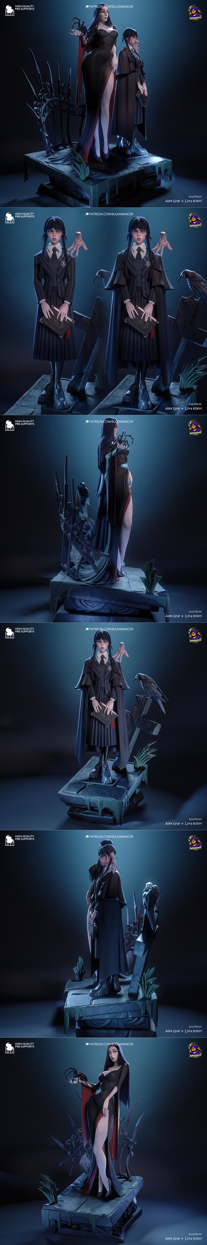3D model of Morticia and Wednesday Addams from The Addams Family, sculpted by Bulkamancer Sculpts. Morticia wears a b...