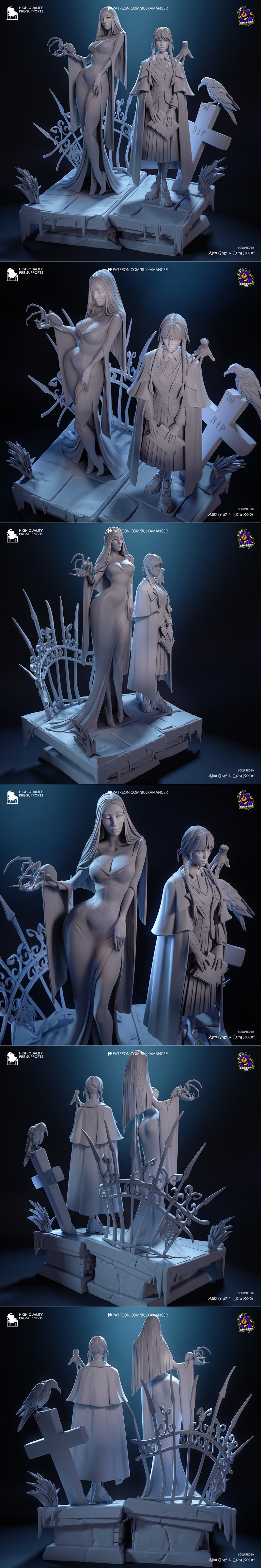 3D model of Morticia and Wednesday Addams from The Addams Family, sculpted by Bulkamancer Sculpts. Morticia wears a b...