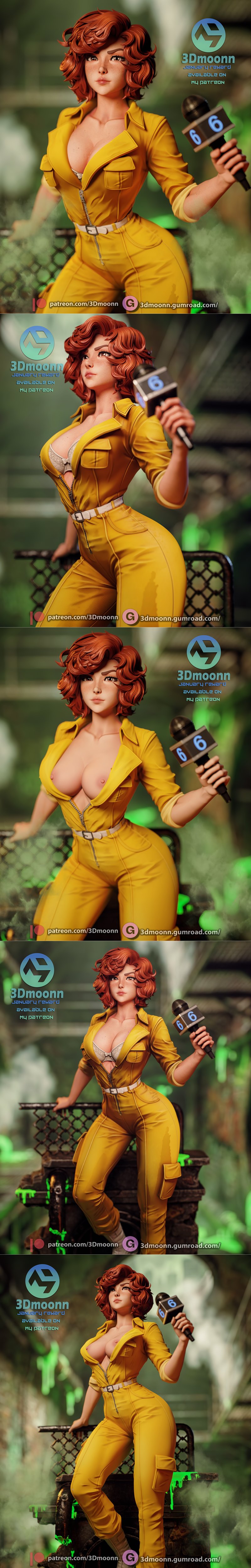 April O’Neil 3D model in yellow jumpsuit and white bra, holding a microphone, standing on a sewer base with green tox...