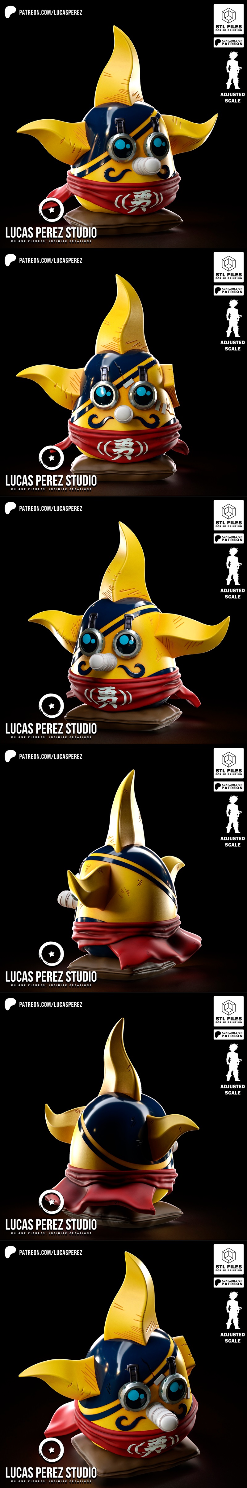 Stylized Sogeking Daruma figure with yellow body, blue accents, and red scarf, sitting on a cushion. Designed by Luca...