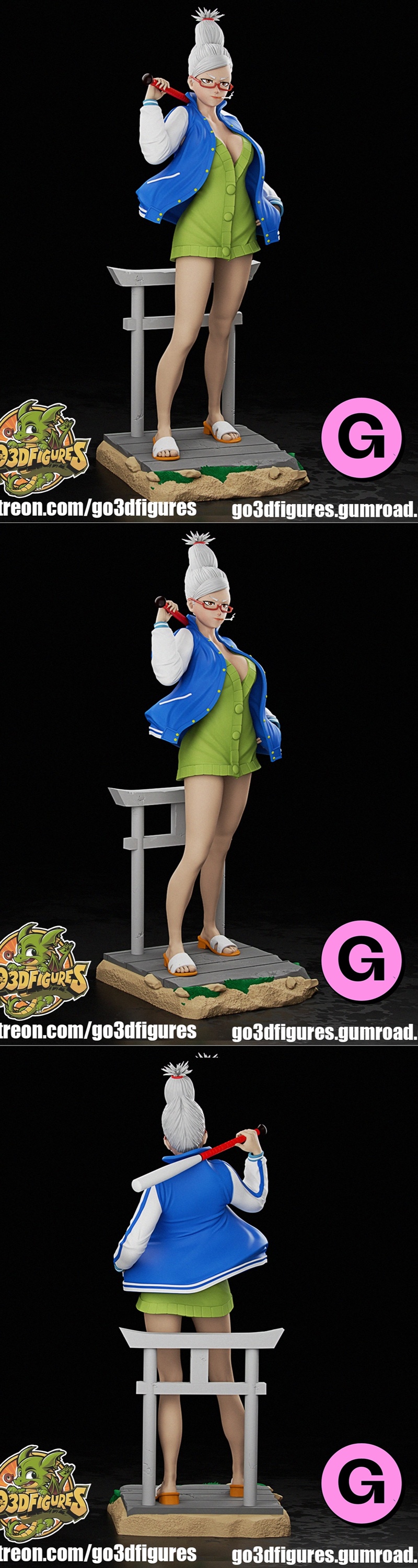 Seiko Ayase 3D model, anime style, wearing a green dress and varsity jacket, holding a baseball bat, with red glasses...