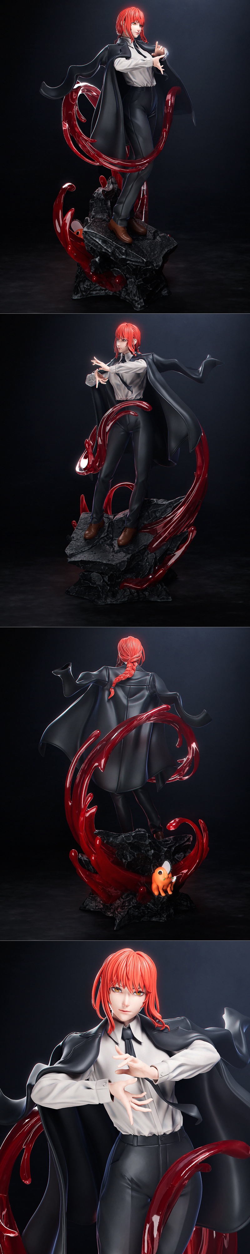 Makima figure from Chainsaw Man, standing on rocks with red blood effects, wearing a white shirt, black pants, and a...
